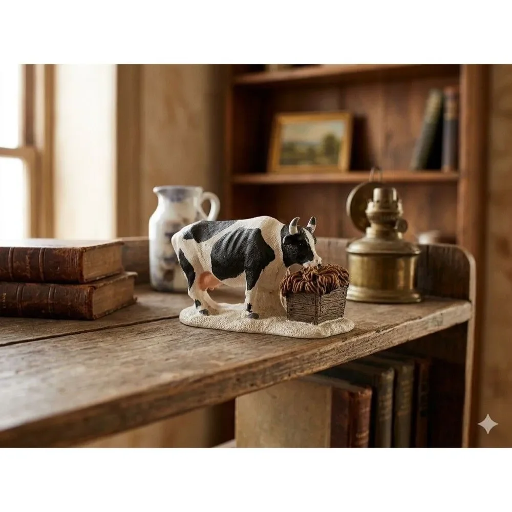 Vintage Holstein Cow Figurine Resin Miniature with Hay Trough Farmhouse Decor